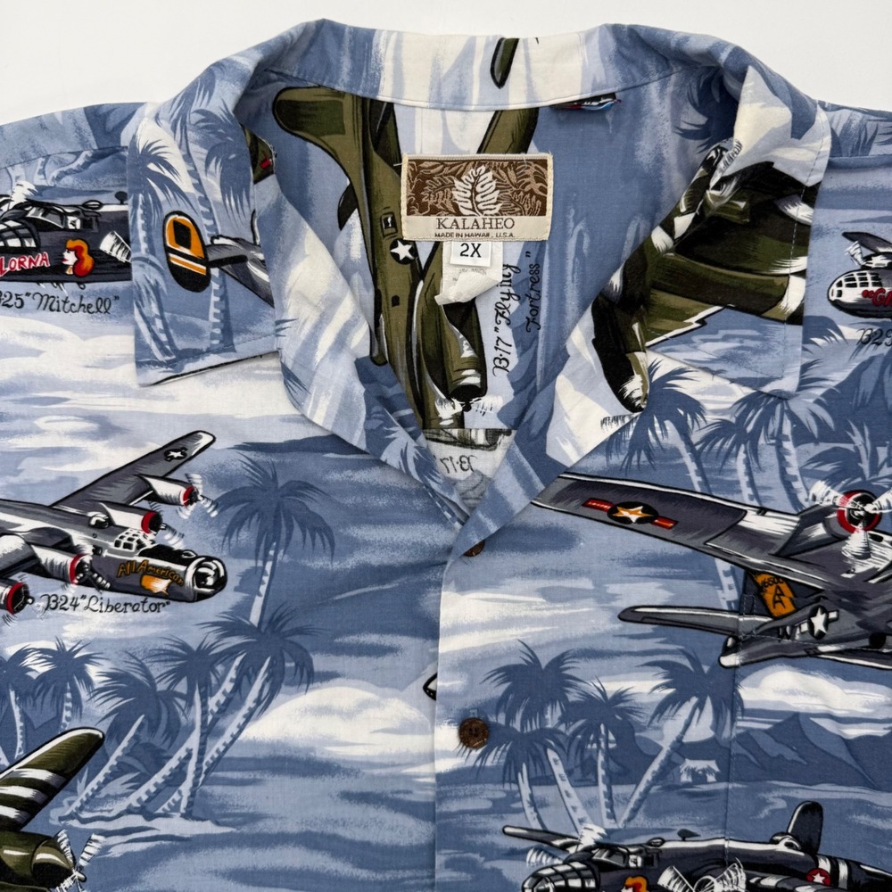 Kalaheo Shirt‎ Men 2X Blue WWII Military Planes Hawaiian Aloha Style 250 Rayon